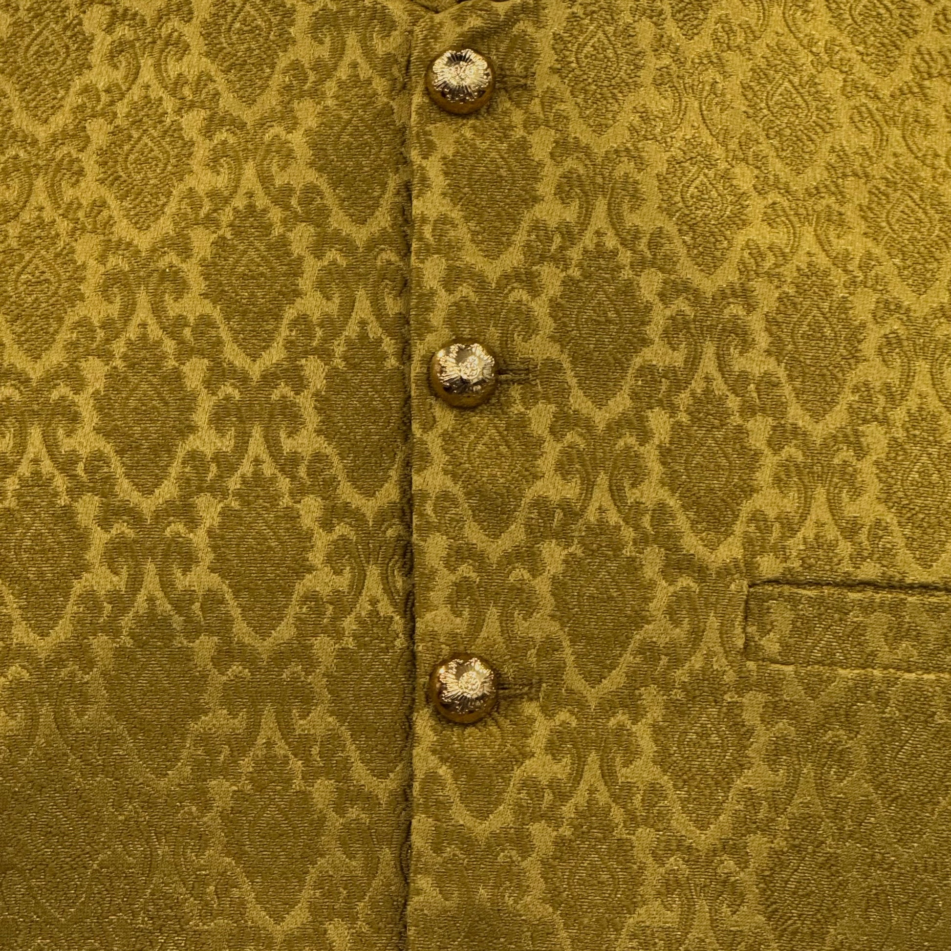 Men's Mehndi Green Diamond Design Jamawar Waistcoat Close Up