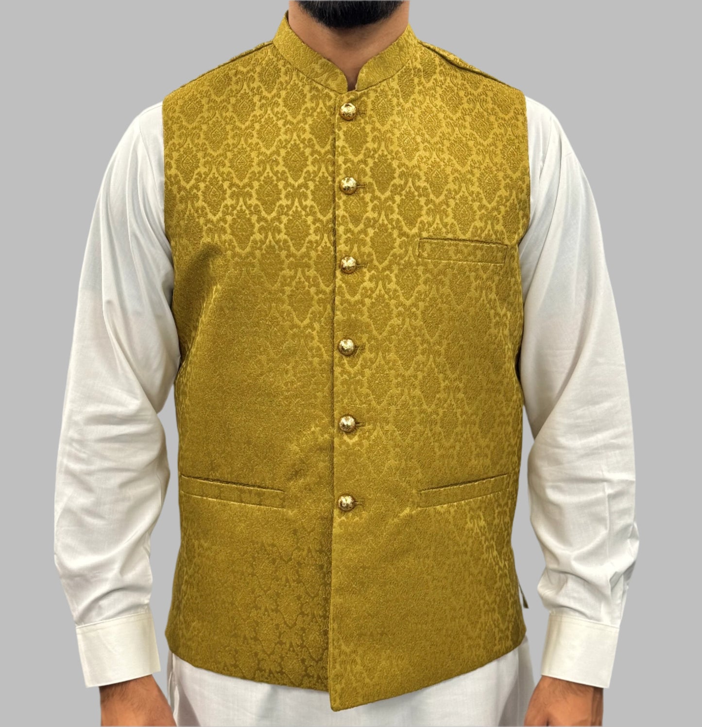 Men's Mehndi Green Diamond Design Jamawar Waistcoat Front View