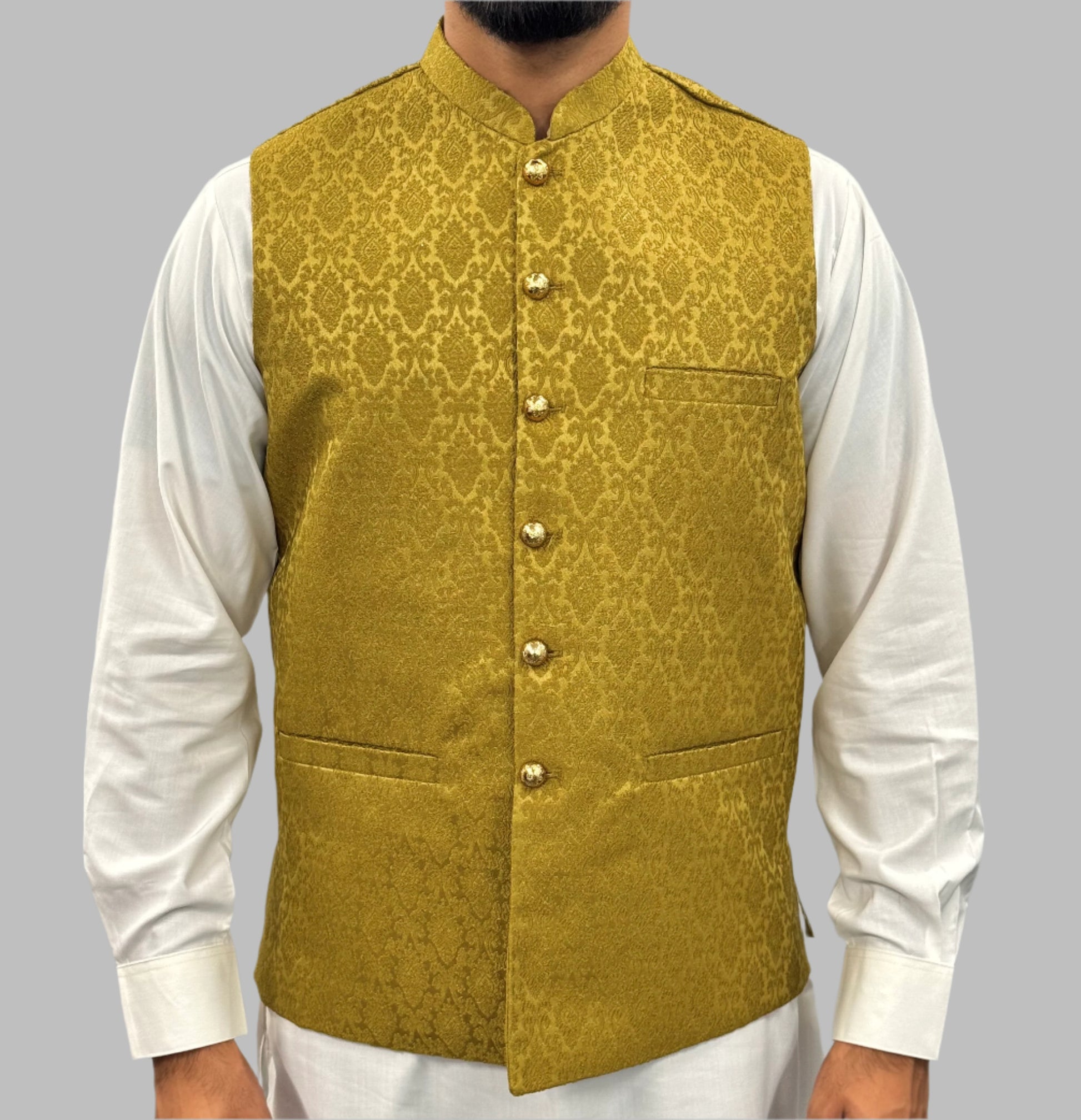 Men's Mehndi Green Diamond Design Jamawar Waistcoat Front View