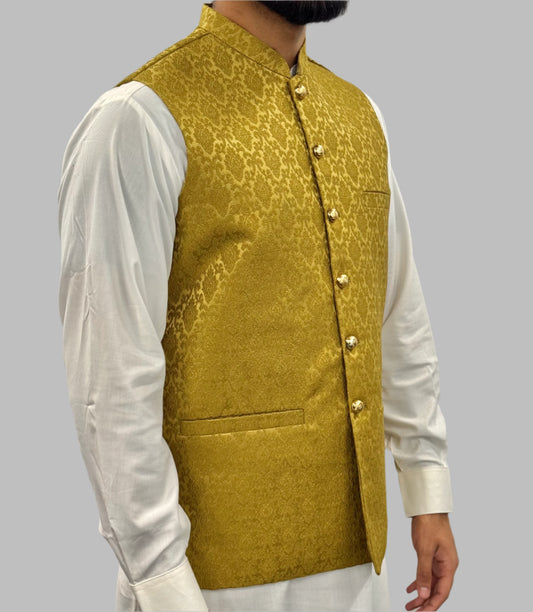 Men's Mehndi Green Diamond Design Jamawar Waistcoat Side View