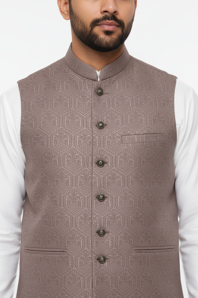 Men's Mocha Hex Design Jamawar Waistcoat Close Up
