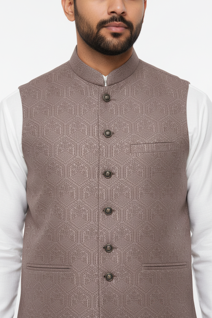 Men's Mocha Hex Design Jamawar Waistcoat Close Up