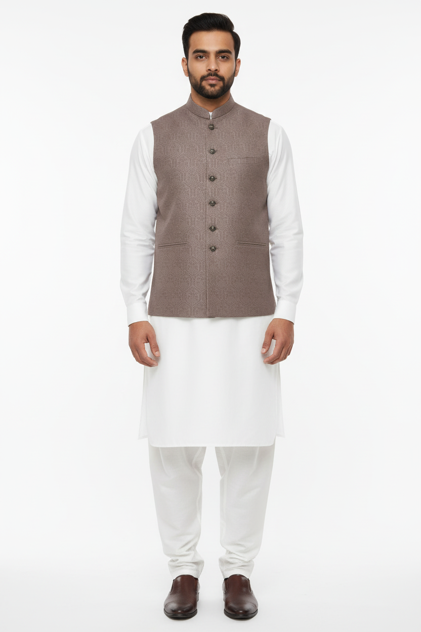 Men's Mocha Hex Design Jamawar Waistcoat Front Pose