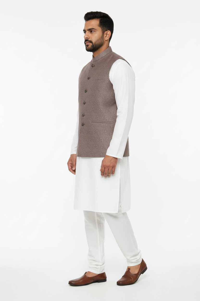 Men's Mocha Hex Design Jamawar Waistcoat Side Pose
