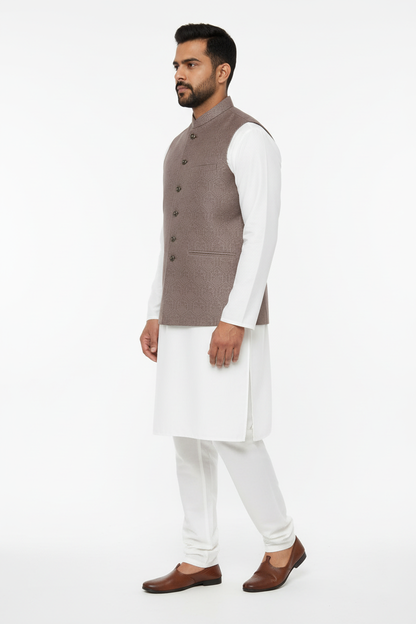 Men's Mocha Hex Design Jamawar Waistcoat Side Pose