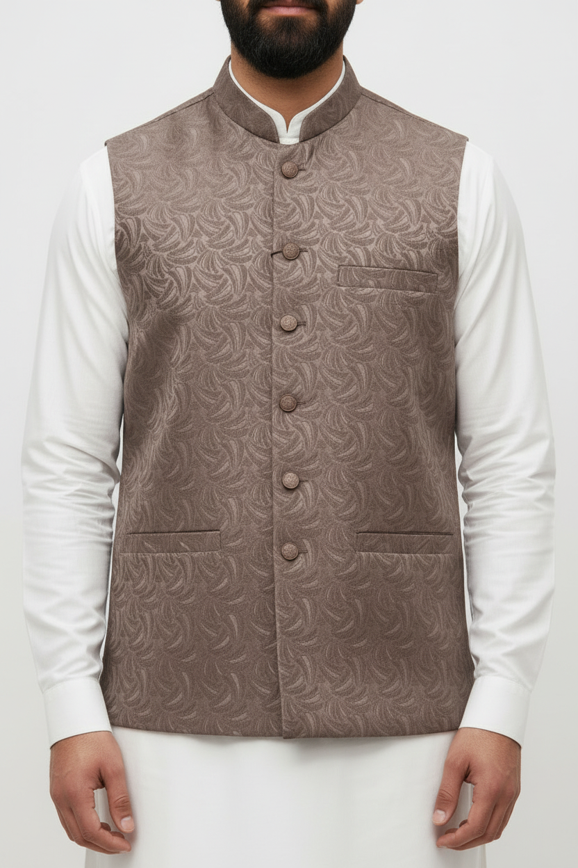 Men's Mocha Swirl Design Jamawar Waistcoat Close Up