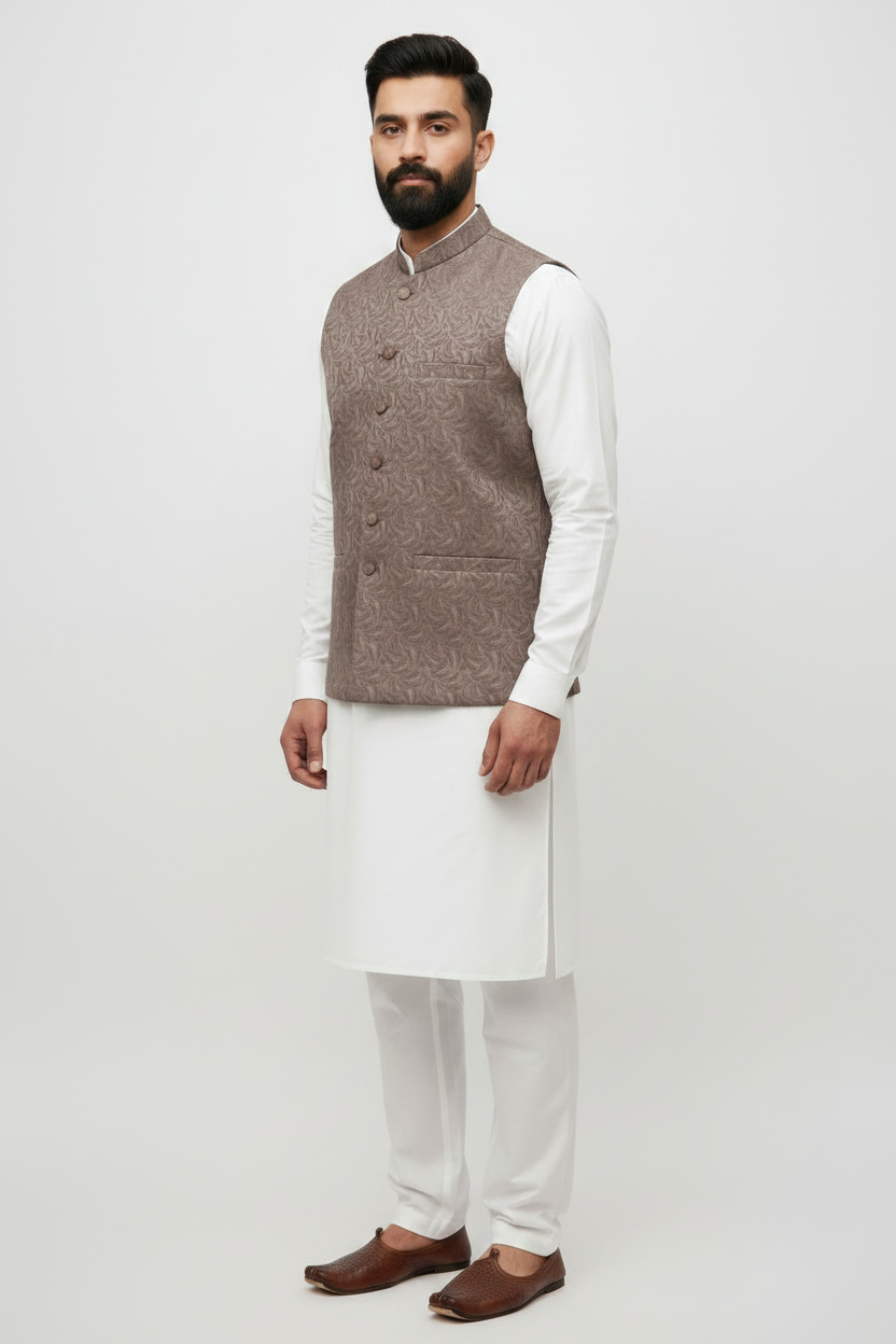 Men's Mocha Swirl Design Jamawar Waistcoat Full