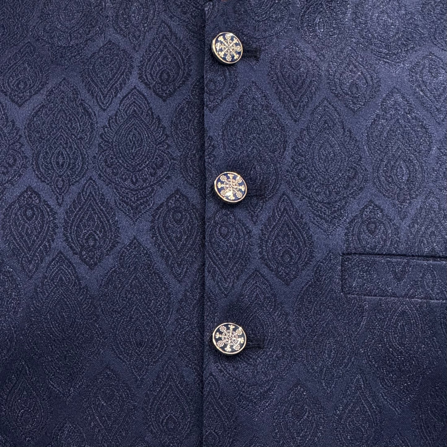 Men's Navy Diamond 1 Design Jamawar Waistcoat Close Up