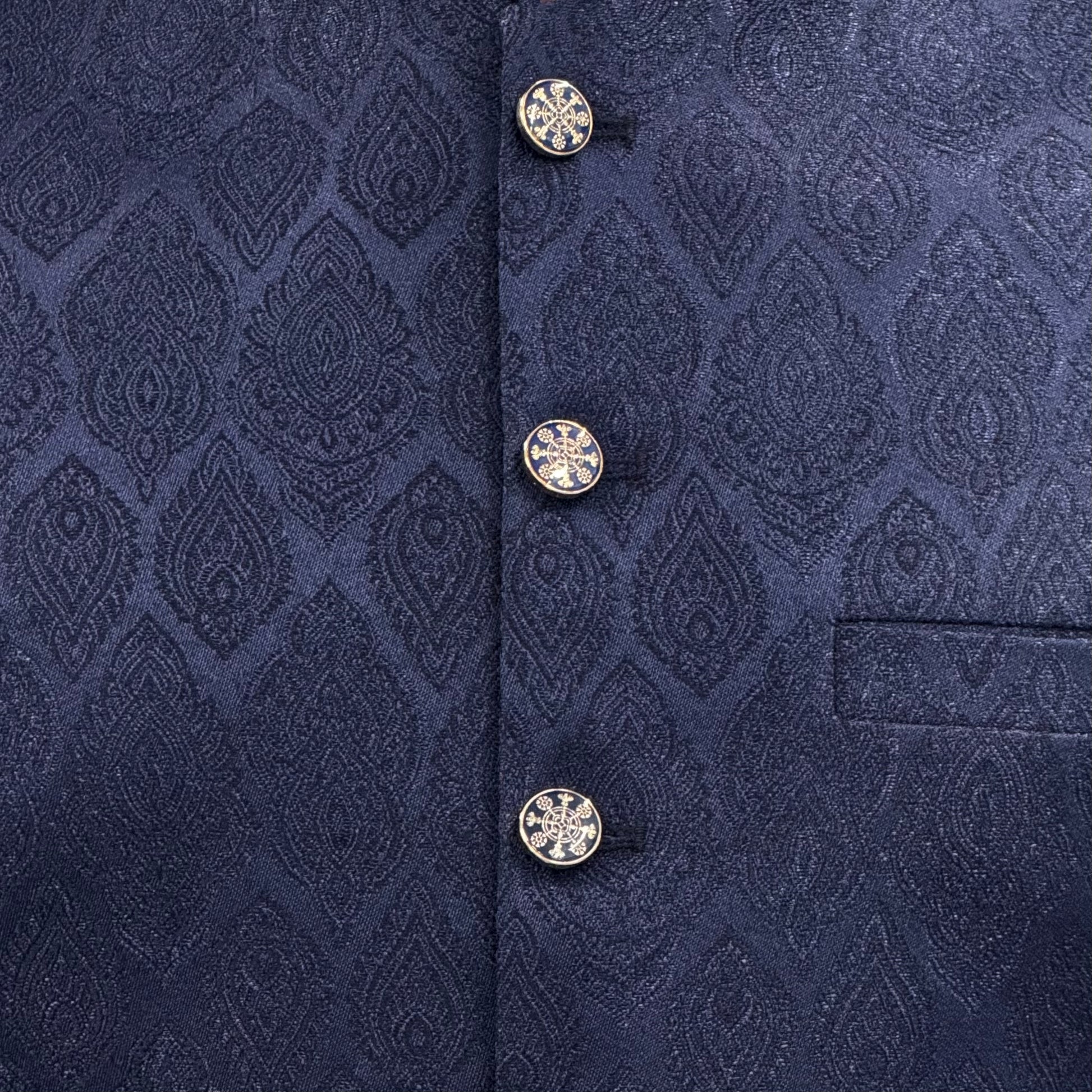 Men's Navy Diamond 1 Design Jamawar Waistcoat Close Up