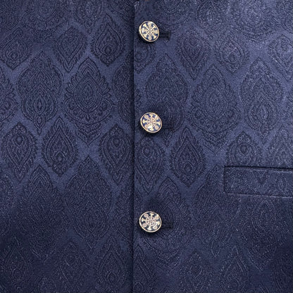 Men's Navy Diamond 1 Design Jamawar Waistcoat Close Up