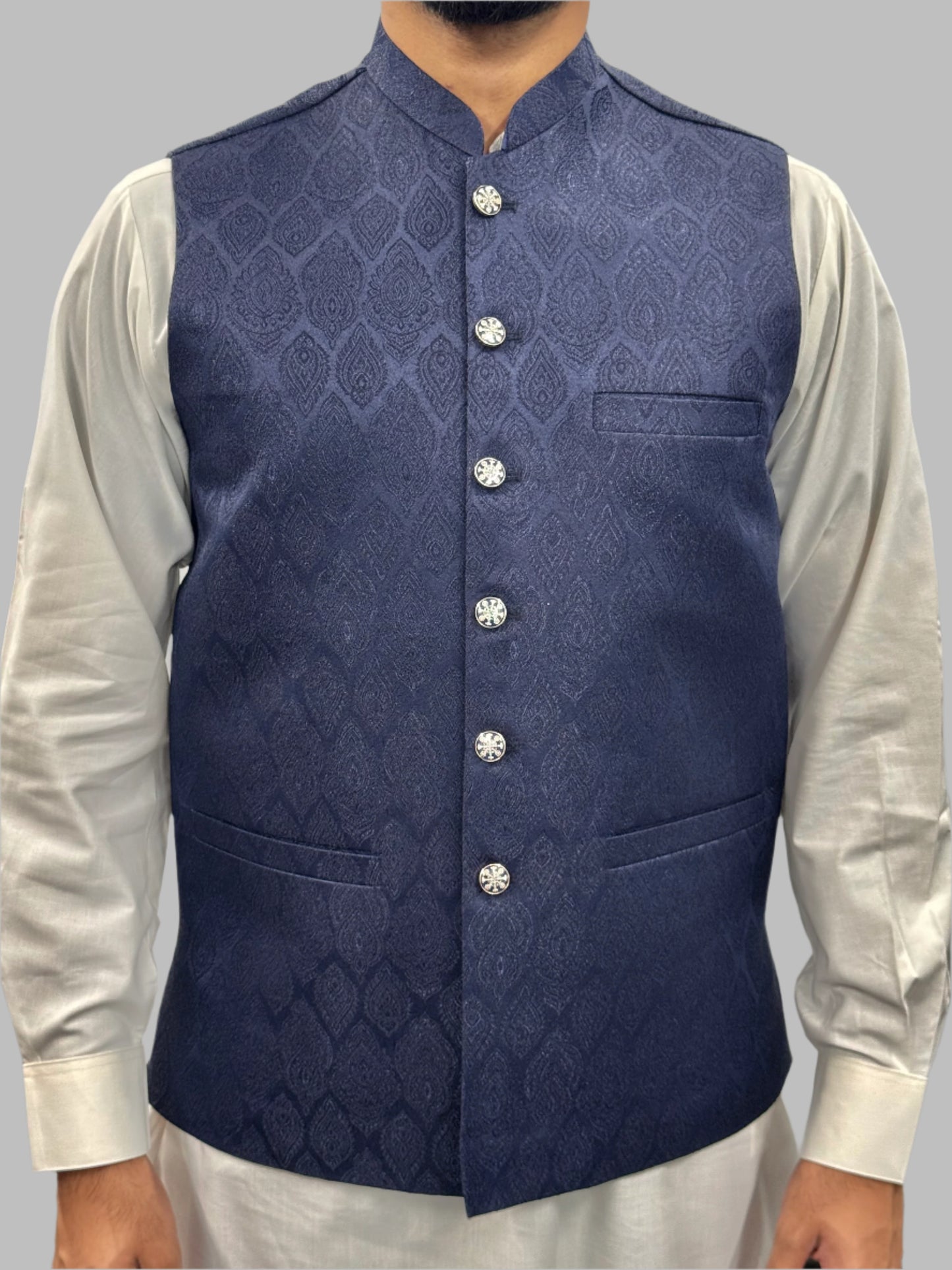 Men's Navy Diamond 1 Design Jamawar Waistcoat Front View