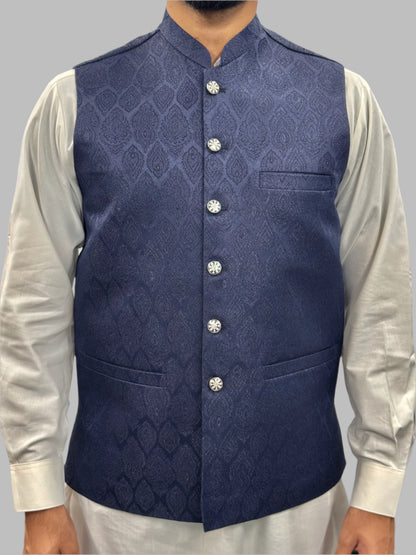 Men's Navy Diamond 1 Design Jamawar Waistcoat Front View