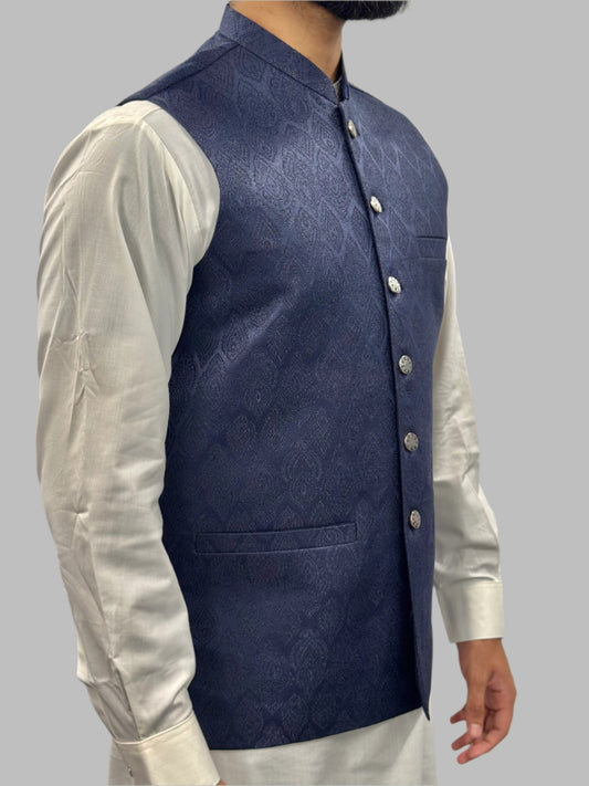 Men's Navy Diamond 1 Design Jamawar Waistcoat Side View