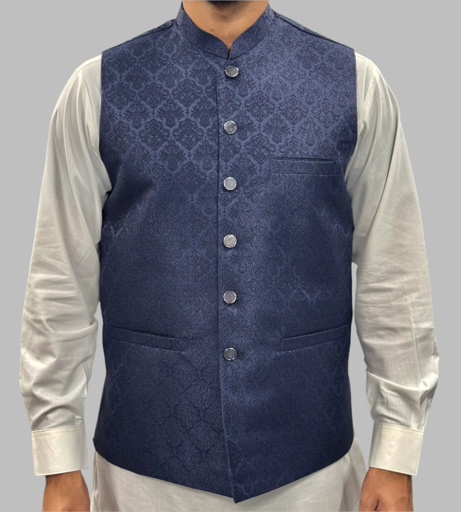 Men's Navy Diamond 2 Design Jamawar Waistcoat Front View