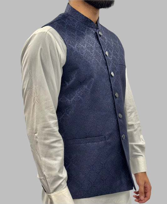 Men's Navy Diamond 2 Design Jamawar Waistcoat Side View