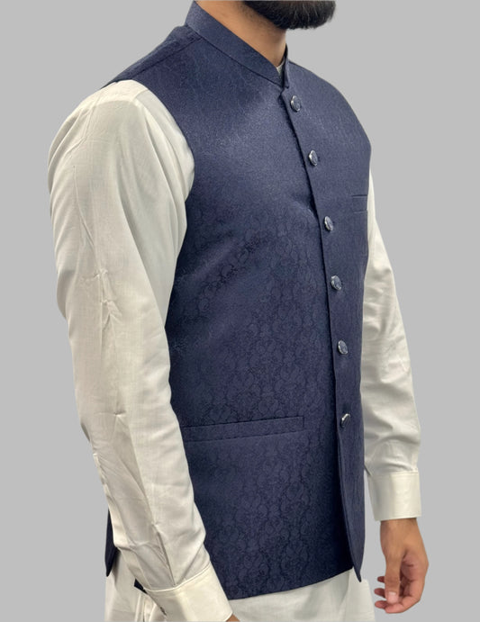 Men's Navy Paisley Design Jamawar Waistcoat Side View