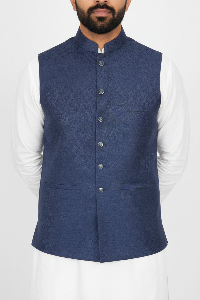 Men's Navy Small Fan Design Jamawar Waistcoat Close Up