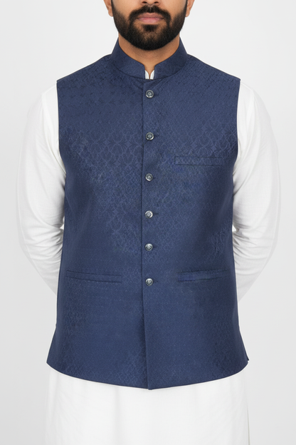 Men's Navy Small Fan Design Jamawar Waistcoat Close Up