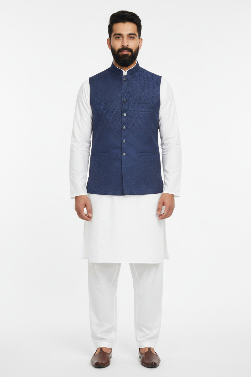 Men's Navy Small Fan Design Jamawar Waistcoat Full Pose