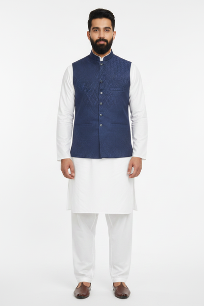 Men's Navy Small Fan Design Jamawar Waistcoat Full Pose