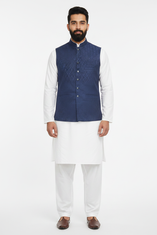 Men's Navy Small Fan Design Jamawar Waistcoat Full Pose
