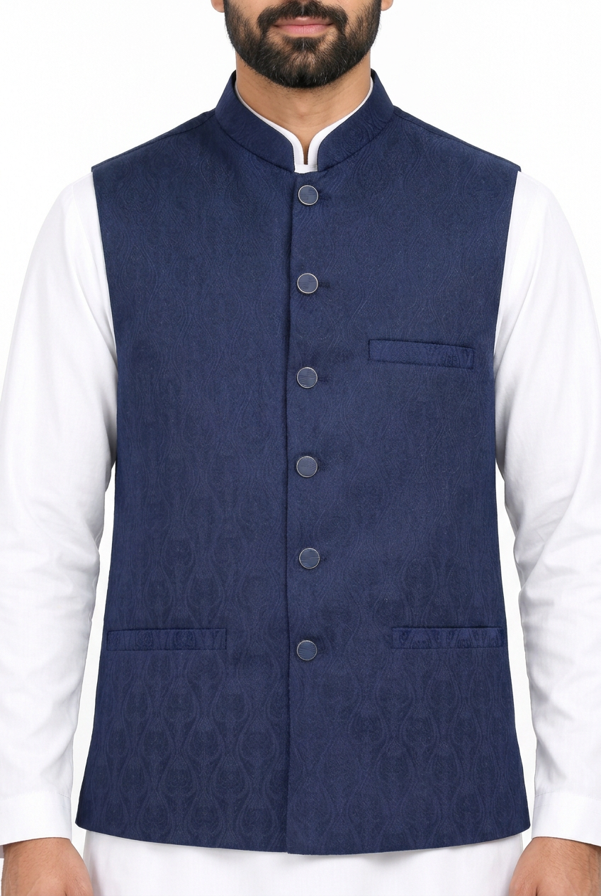 Men's Navy Tulip Design Jamawar Waistcoat Close Up