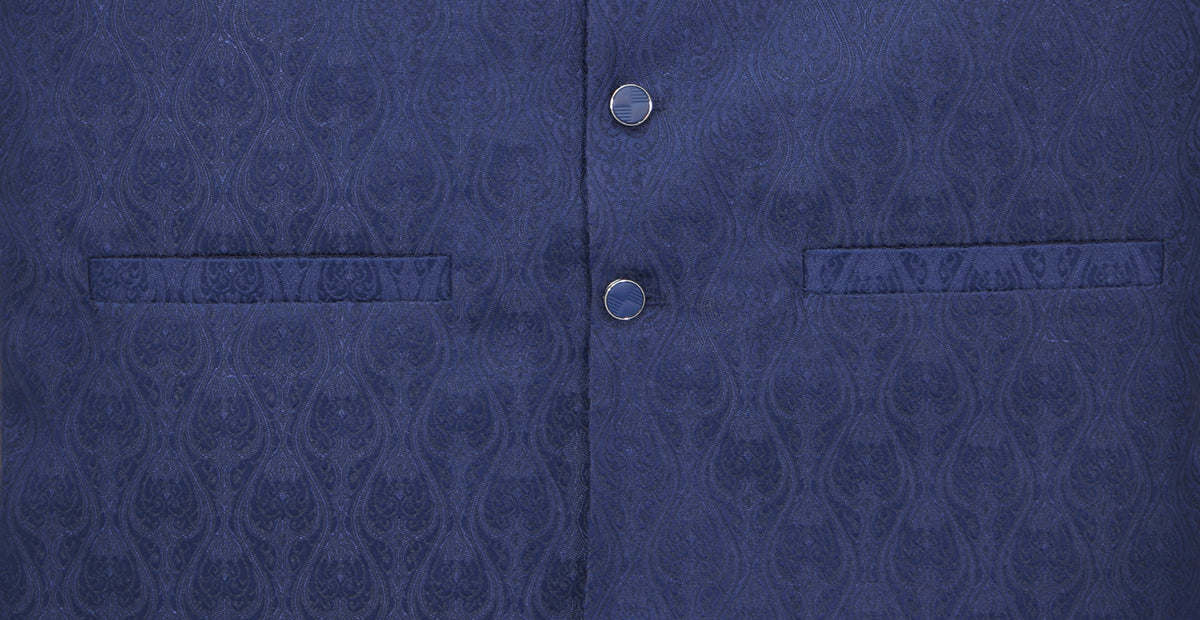 Men's Navy Tulip Design Jamawar Waistcoat Fabric