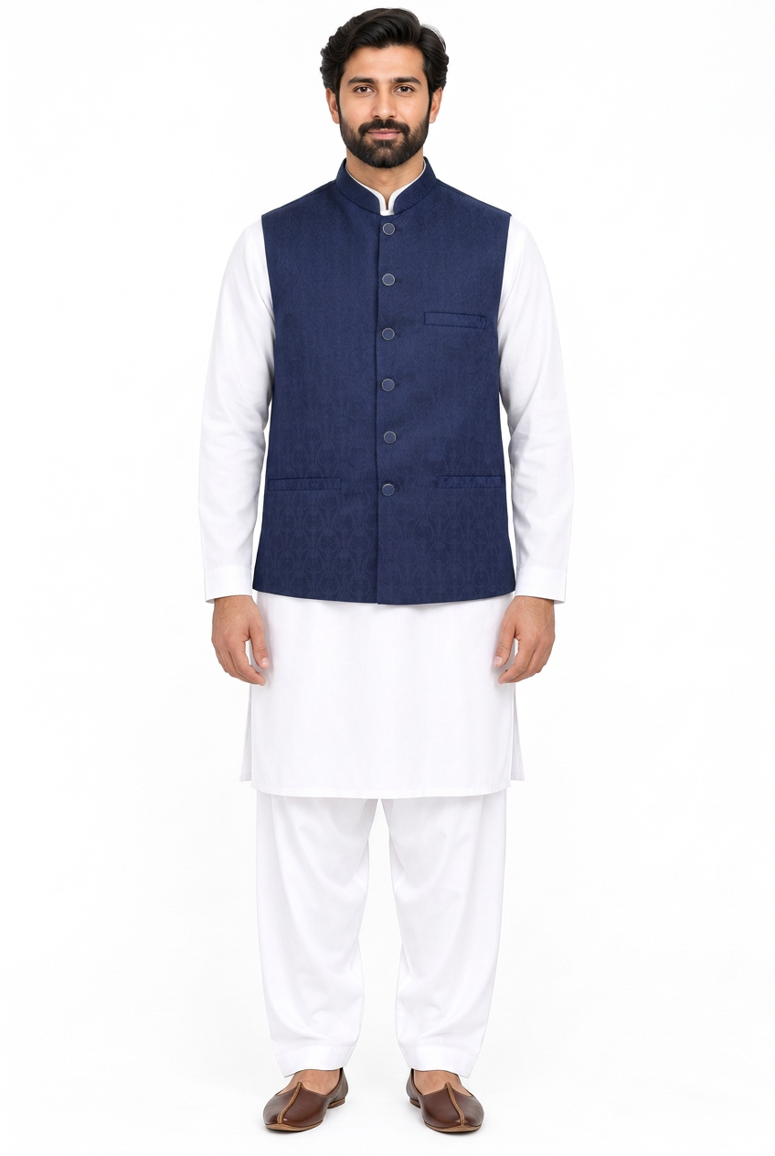 Men's Navy Tulip Design Jamawar Waistcoat Full