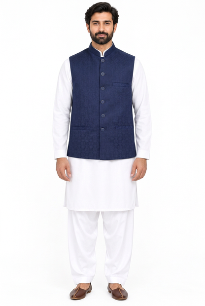 Men's Navy Tulip Design Jamawar Waistcoat Full