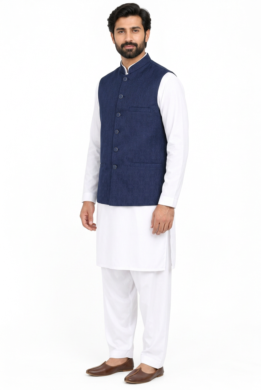 Men's Navy Tulip Design Jamawar Waistcoat Full Angled