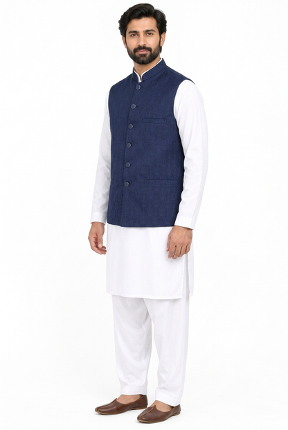 Men's Navy Tulip Design Jamawar Waistcoat Full Angled