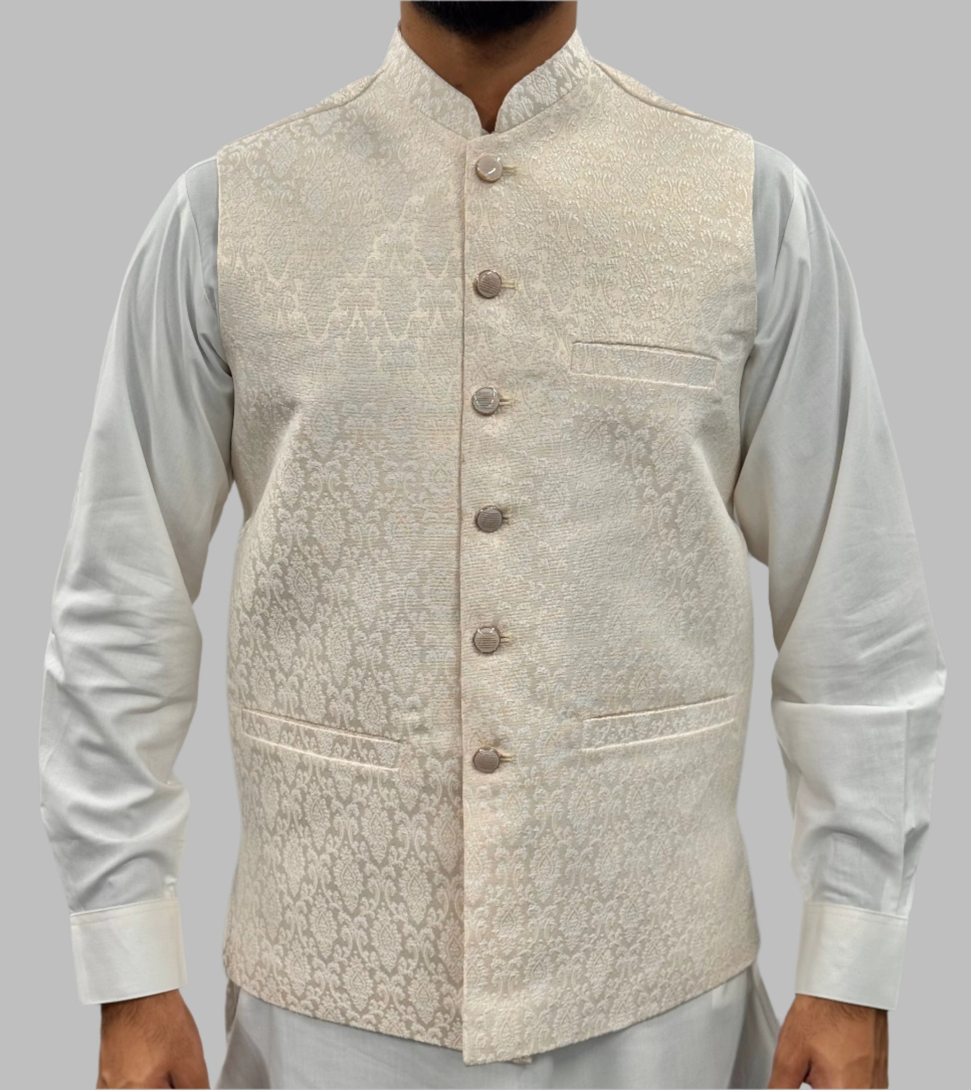 Men's Off White Diamond Design Jamawar Waistcoat Front View