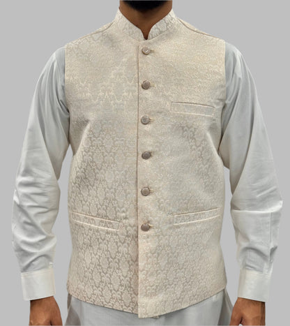Men's Off White Diamond Design Jamawar Waistcoat Front View