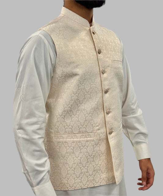 Men's Off White Diamond Design Jamawar Waistcoat Side View