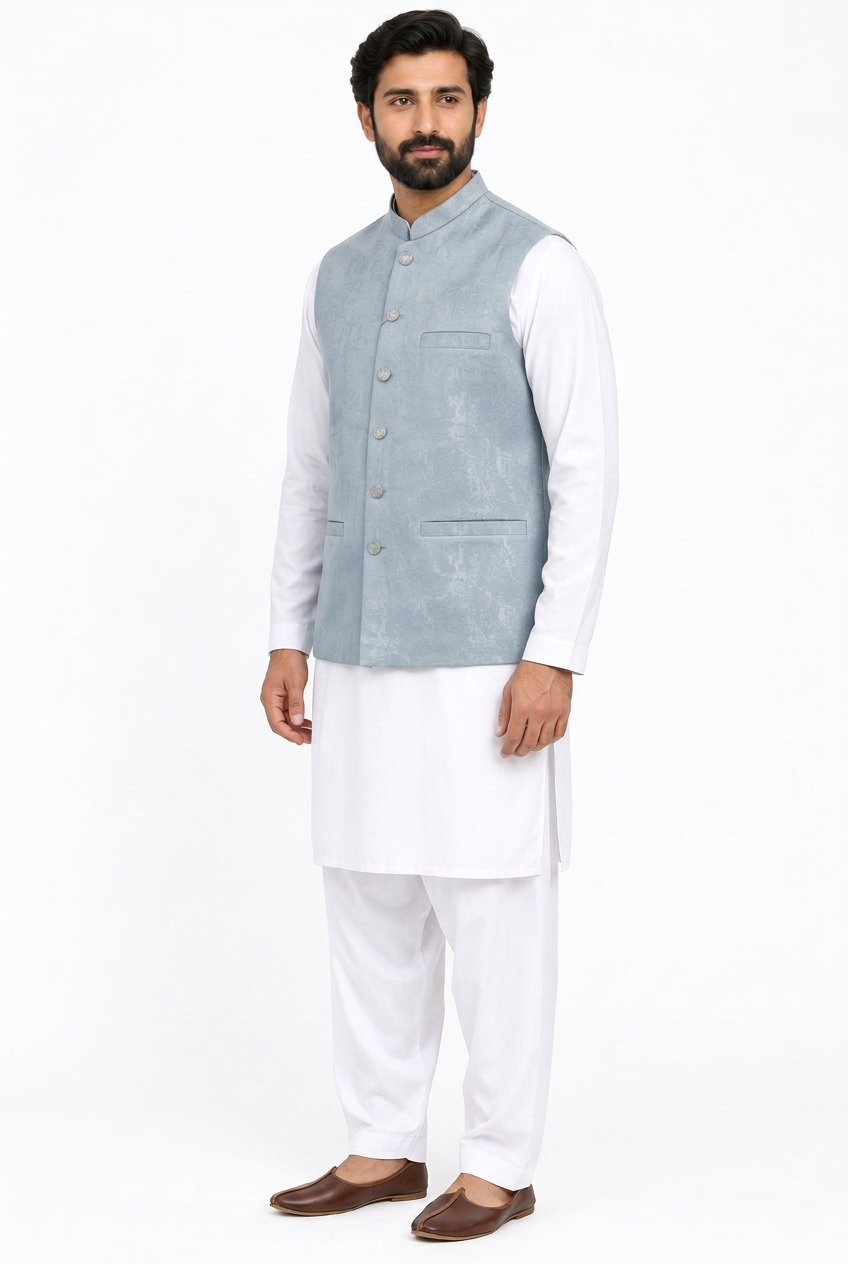 Men's Pastel Blue Stone Print Design Jamawar Waistcoat Angled view