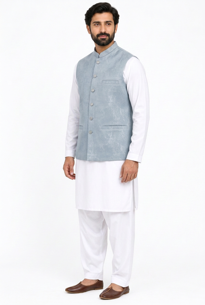 Men's Pastel Blue Stone Print Design Jamawar Waistcoat Angled view