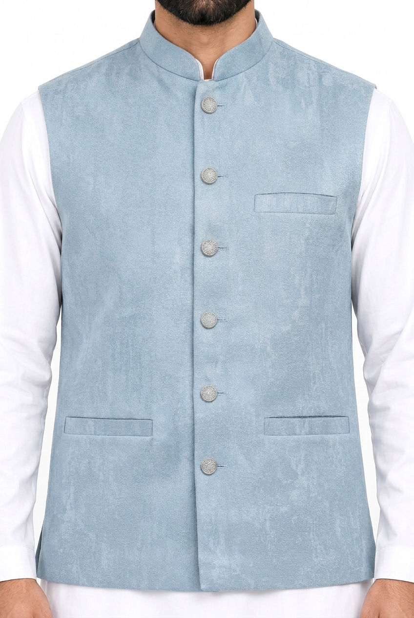 Men's Pastel Blue Stone Print Design Jamawar Waistcoat Close Up