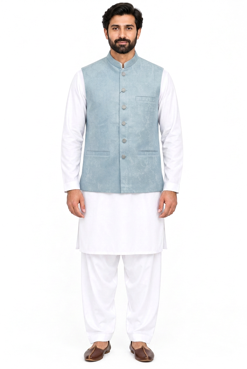 Men's Pastel Blue Stone Print Design Jamawar Waistcoat Front view