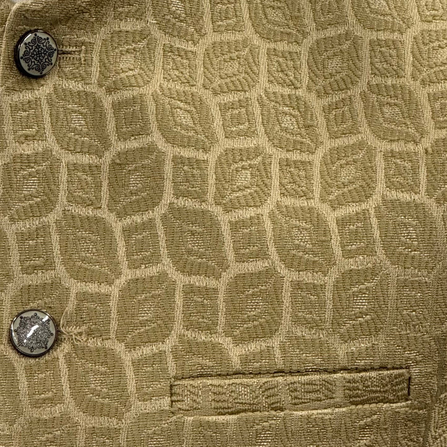 Men's Patch Design Pistachio Jamawar Waistcoat Close Up