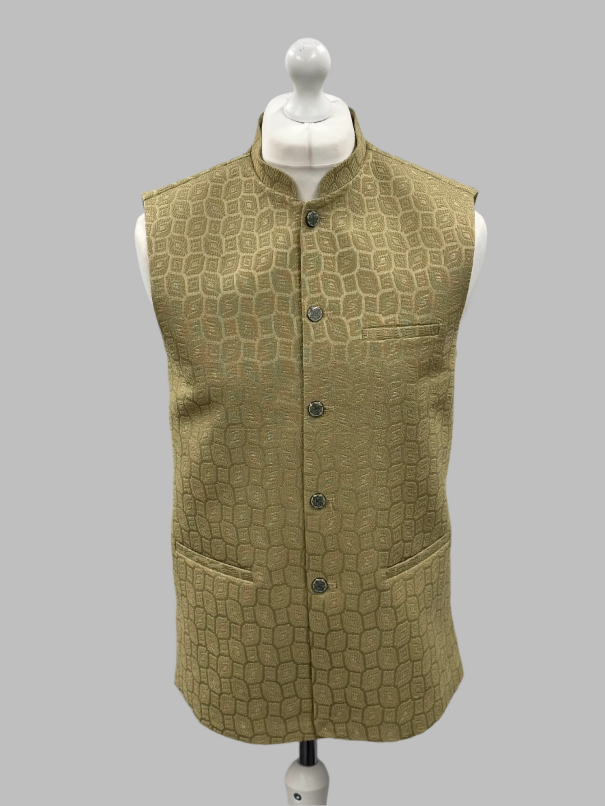 Men's Patch Design Pistachio Jamawar Waistcoat Front View
