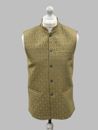 Men's Patch Design Pistachio Jamawar Waistcoat Front View