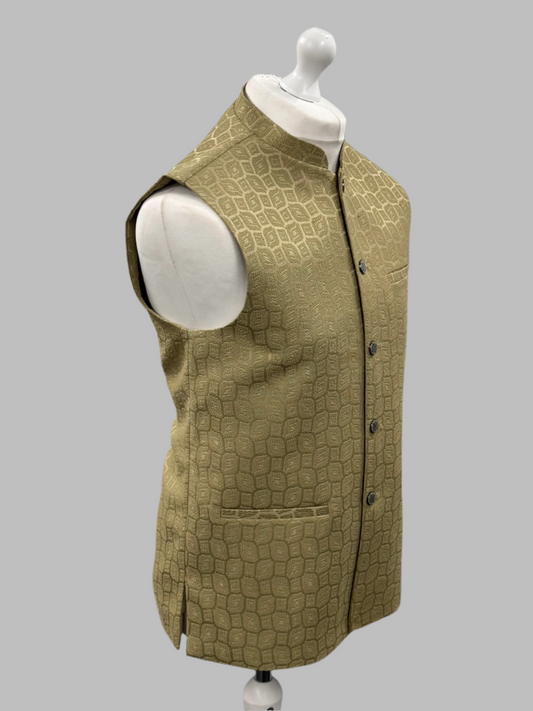 Men's Patch Design Pistachio Jamawar Waistcoat Side View
