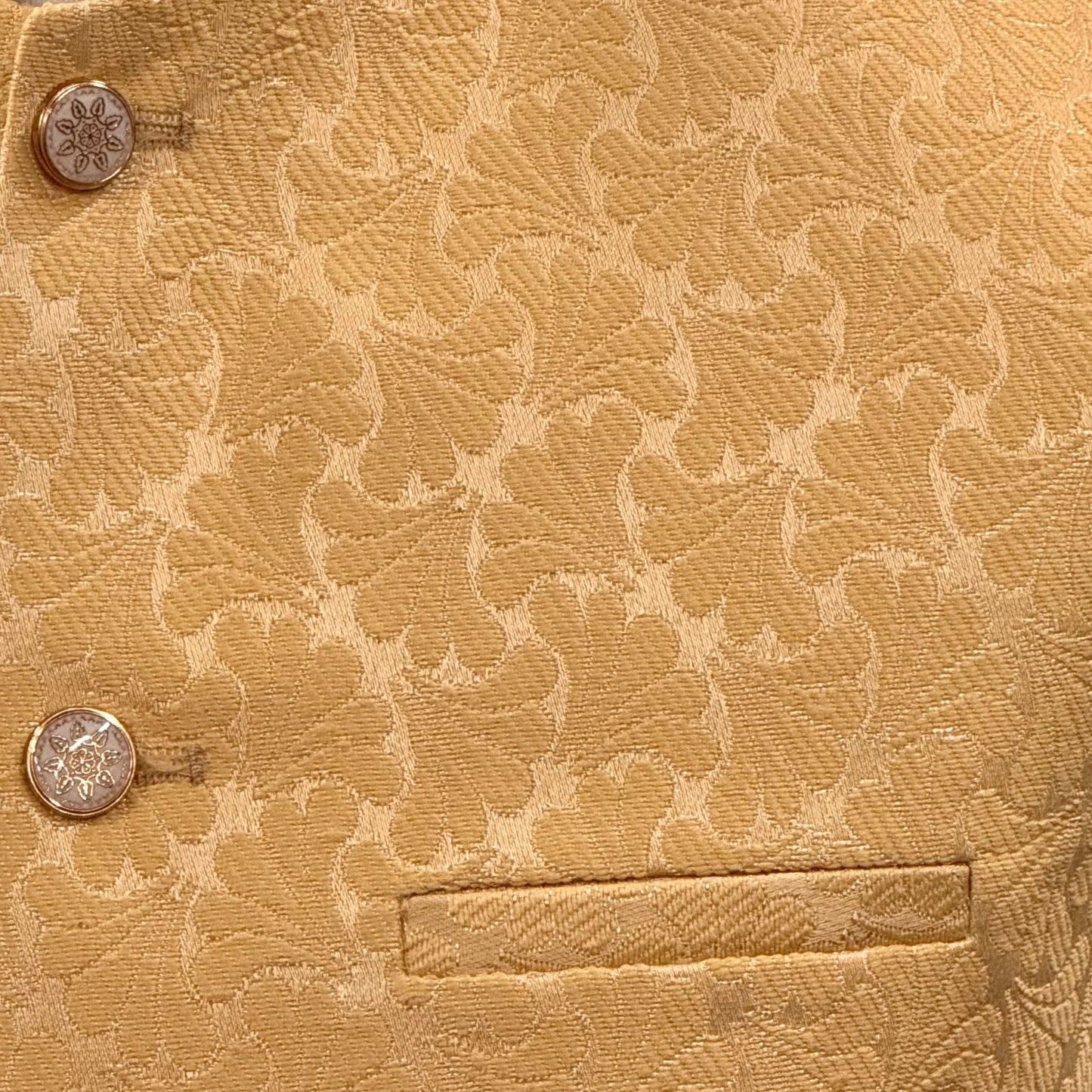 Men's Petal Design Pale Gold Jamawar Waistcoat Close Up