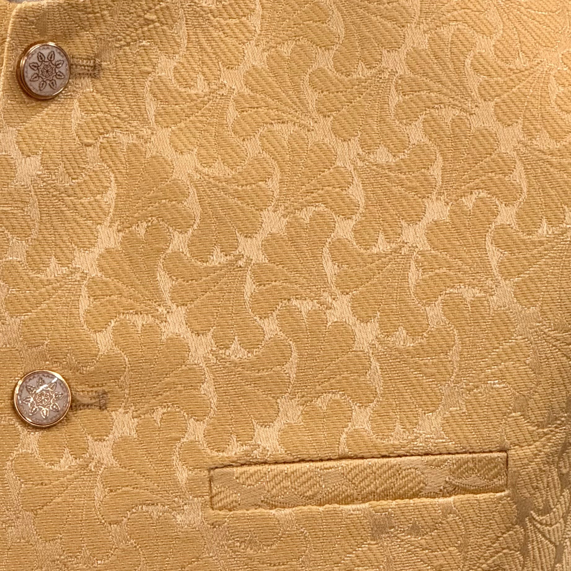 Men's Petal Design Pale Gold Jamawar Waistcoat Close Up