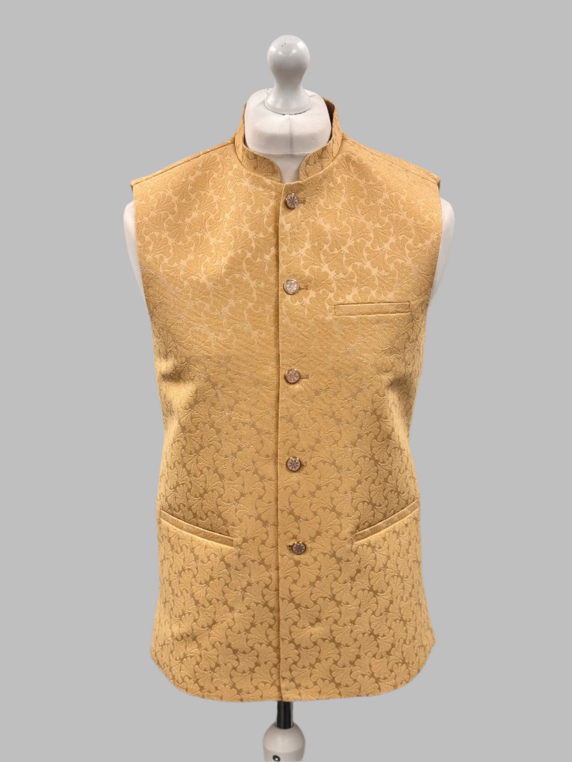 Men's Petal Design Pale Gold Jamawar Waistcoat Front View
