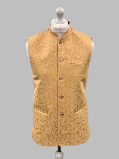 Men's Petal Design Pale Gold Jamawar Waistcoat Front View