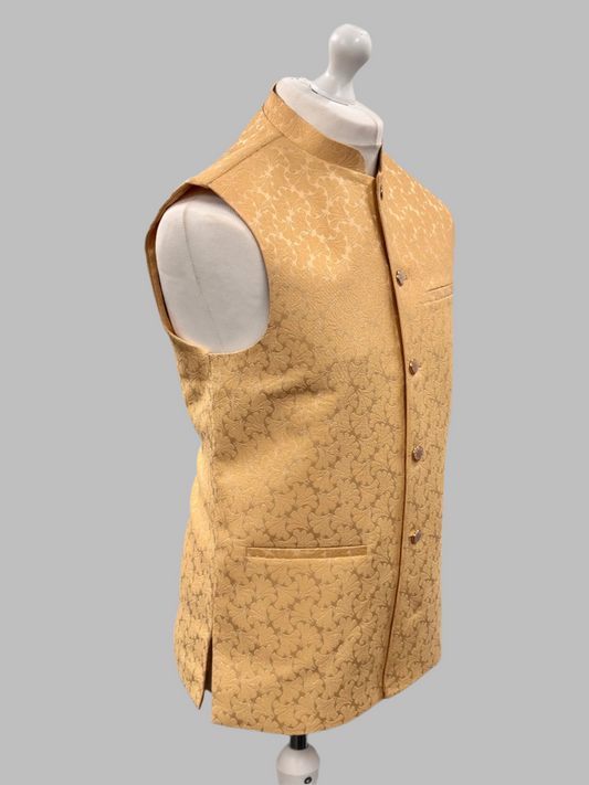 Men's Petal Design Pale Gold Jamawar Waistcoat Side View