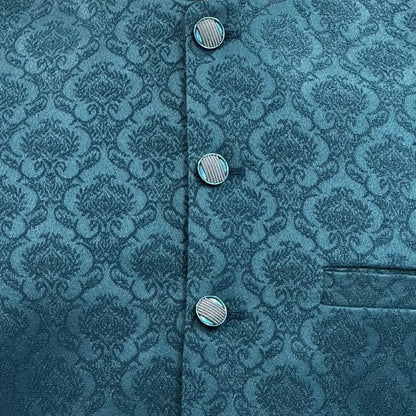 Men's Petrol Blue Royal Design Jamawar Waistcoat Close Up