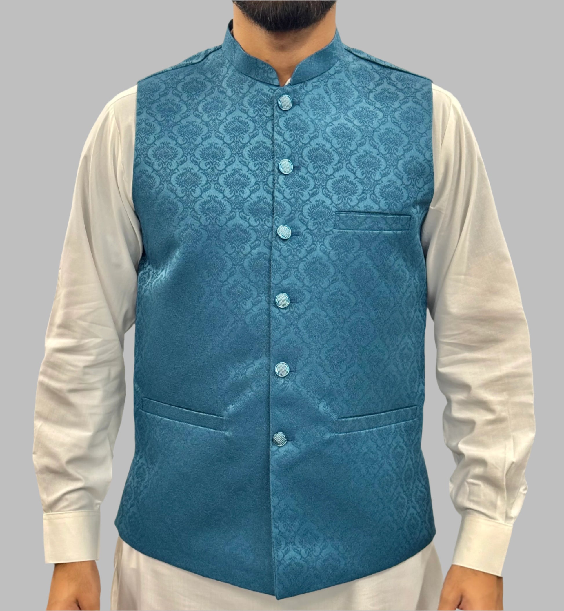 Men's Petrol Blue Royal Design Jamawar Waistcoat Front View