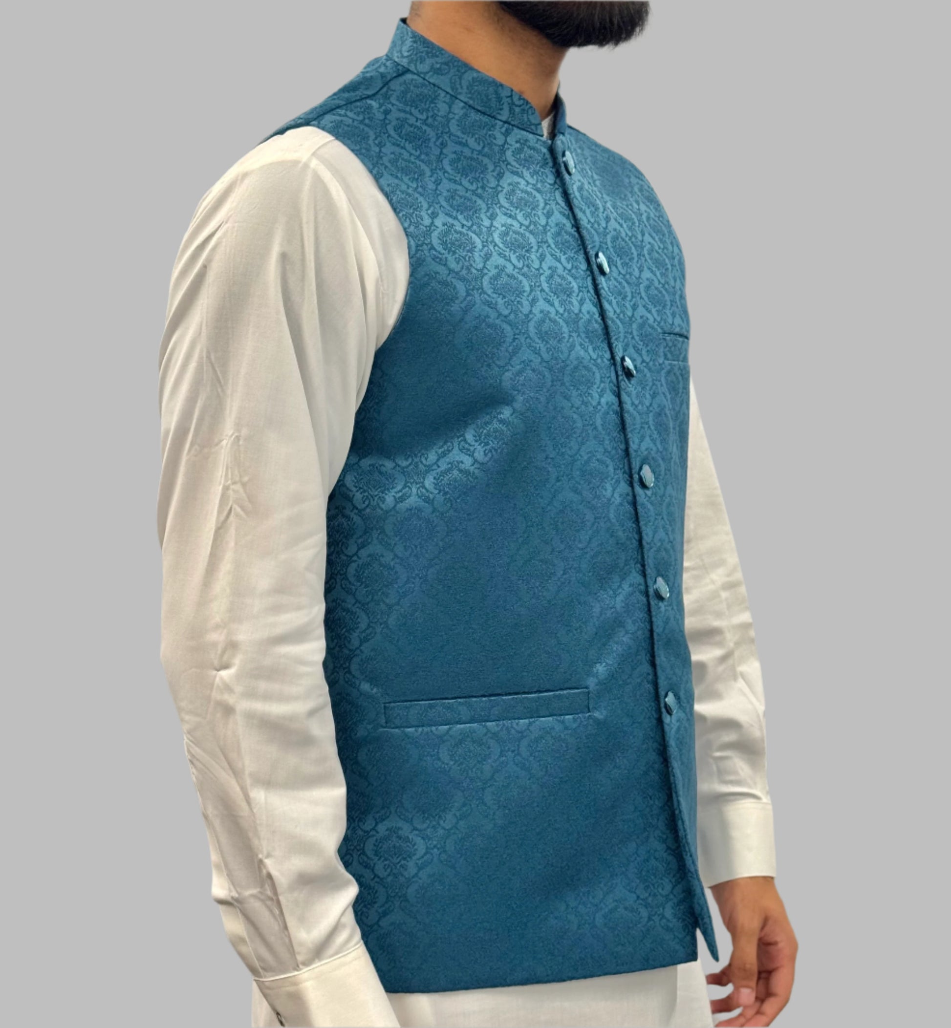 Men's Petrol Blue Royal Design Jamawar Waistcoat Side View